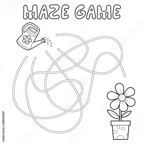 Maze puzzle game for children. Outline maze or labyrinth. Find path game with flower.