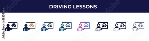 driving lessons icon in 8 styles. line, filled, glyph, thin outline, colorful, stroke and gradient styles, driving lessons vector sign. symbol, logo illustration. different style icons set.