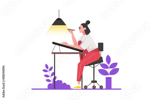Creative worker concept in flat design. Woman works as artist