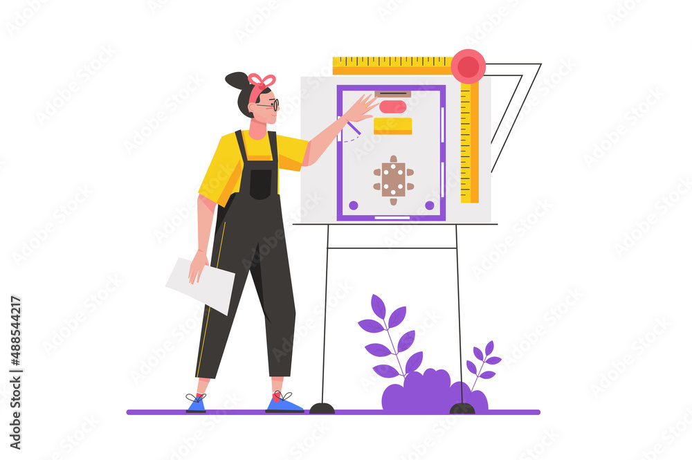 Creative worker concept in flat design. Woman works as designer interior Creative worker concept in flat design. Woman works as designer interior