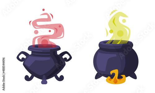 Witch cauldrons with boiling potion. Witchcraft attributes, halloween objects cartoon vector illustration