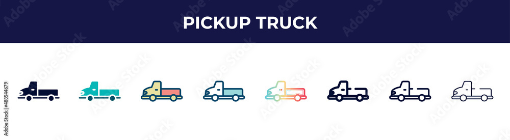 pickup truck icon in 8 styles. line, filled, glyph, thin outline, colorful, stroke and gradient styles, pickup truck vector sign. symbol, logo illustration. different style icons set. pickup truck icon in 8 styles. line, filled, glyph, thin outline, colorful, stroke and gradient styles, pickup truck vector sign. symbol, logo illustration. different style icons set.