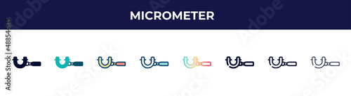 micrometer icon in 8 styles. line, filled, glyph, thin outline, colorful, stroke and gradient styles, micrometer vector sign. symbol, logo illustration. different style icons set.