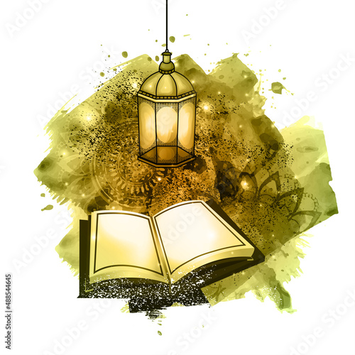 Islamic Holy Book Quran Shareef With Arabic Lantern Hang And Green Brush Stroke Effect On White Background For Muslim Community Festival Celebration. photo