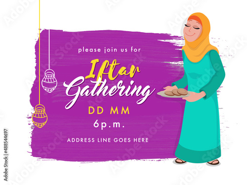 Iftar Gathering Invitation, Poster Design With Islamic Young Woman Holding Cookies Plate And Purple Brush Effect On White Background. photo