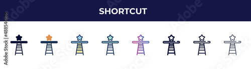 shortcut icon in 8 styles. line, filled, glyph, thin outline, colorful, stroke and gradient styles, shortcut vector sign. symbol, logo illustration. different style icons set.