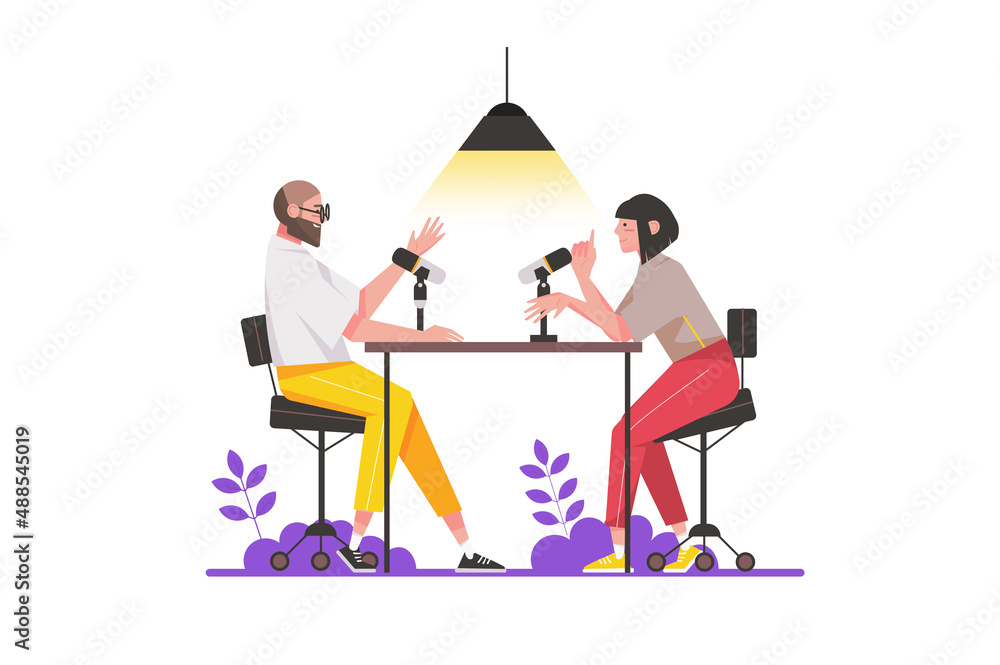 Podcast studio concept in flat design. Man and woman are broadcasting Podcast studio concept in flat design. Man and woman are broadcasting
