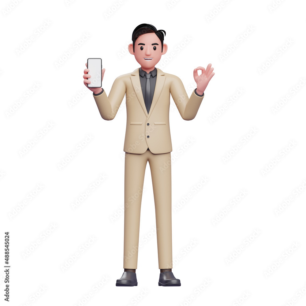 Businessman holding smartphone with blank screen and showing ok finger, 3d render character illustration Businessman holding smartphone with blank screen and showing ok finger, 3d render character illustration