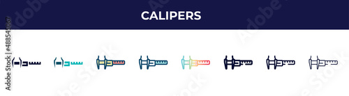 calipers icon in 8 styles. line, filled, glyph, thin outline, colorful, stroke and gradient styles, calipers vector sign. symbol, logo illustration. different style icons set.
