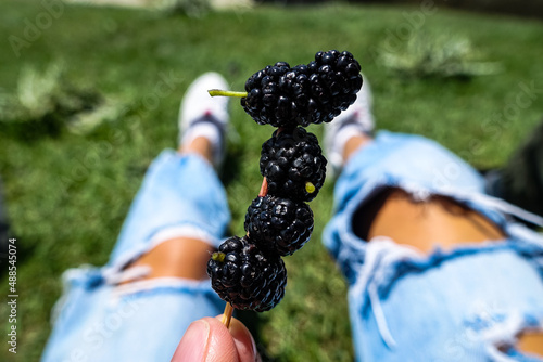 A girl with a mulberry on the background of the Khunzakh valley and waterfalls, Dagestan 2021 photo