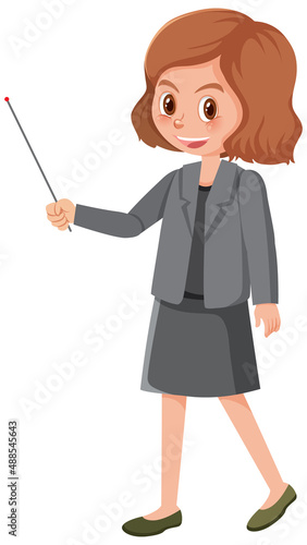 Young woman teacher teaching cartoon character