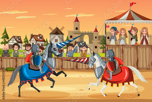 Two medieval knights fighting together