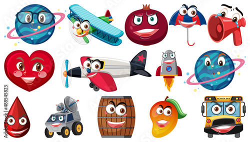 Set of different toy objects with smiley faces