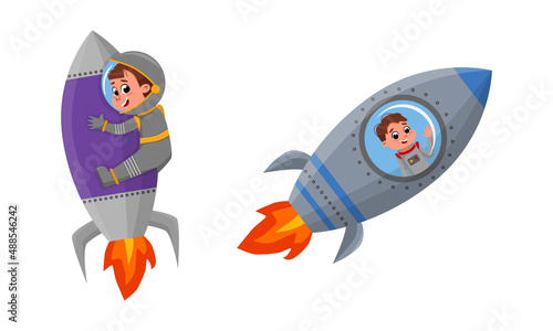 Cute children flying in rocket spaceship set cartoon vector illustration