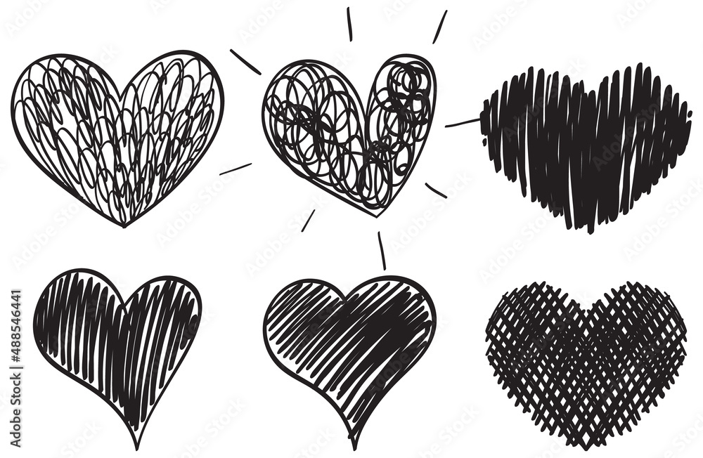 Set of different hearts in doodle style Set of different hearts in doodle style