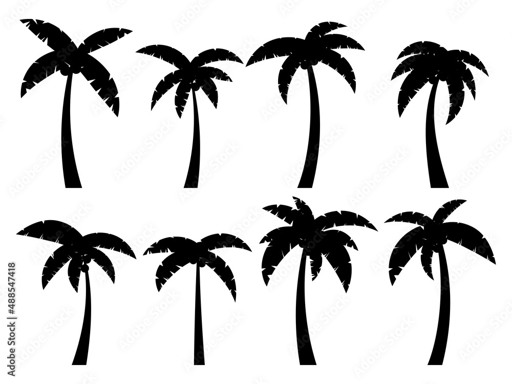 Black palm trees on a white background. Set of tropical palm trees silhouettes for poster, banner and promotional products. Summer time. Vector illustration
