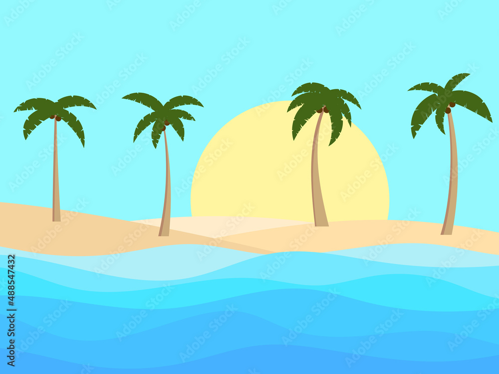 Palm trees on the beach. Tropical landscape with palm trees on the sea coast. Summer time. Design of advertising booklets, posters and travel agencies. Vector illustration