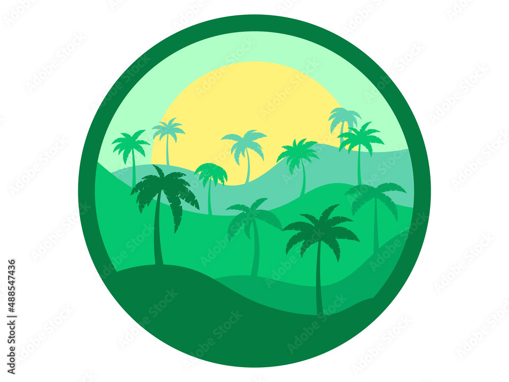 Tropical landscape with palm trees in green colors. Silhouettes of palm trees on the hills. Summer time. Design for emblems, stickers, advertising booklets, banners and posters. Vector illustration