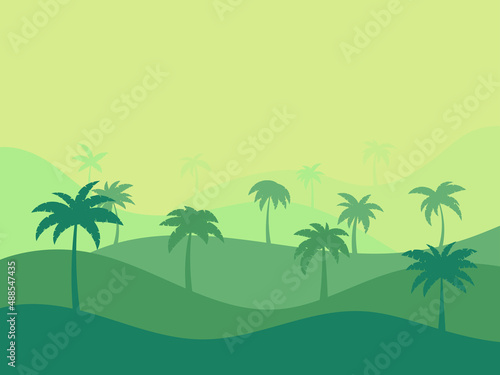 Tropical landscape with palm trees in green colors. Silhouettes of palm trees on the hills. Summer time. Design for advertising brochures  banners  posters and travel agencies. Vector illustration