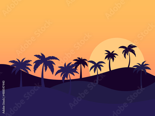 Landscape with palm trees at sunrise in a minimalist style. Silhouettes of palm trees on the hills. Summer time. Design of advertising booklets  posters and travel agencies. Vector illustration