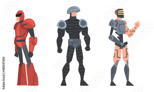 Powerful battle robots set cartoon vector illustration