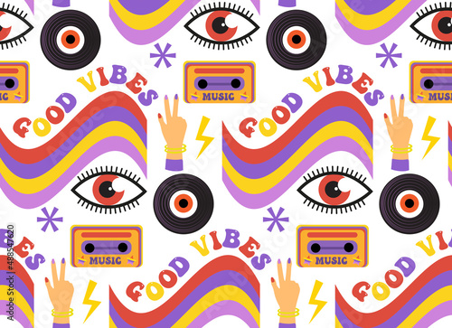 Retro 70s psychedelic seamless patterns, groovy hippie backgrounds. Cartoon funky print