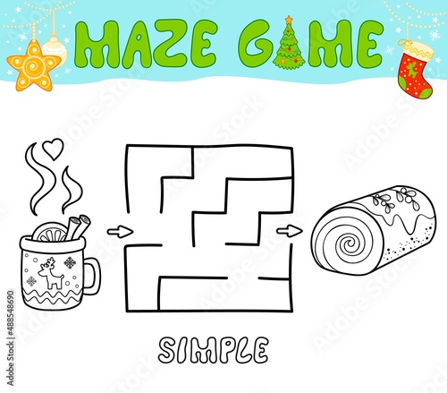 Christmas Maze puzzle game for children. Simple outline maze or labyrinth game with christmas cake.
