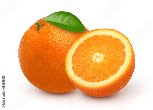 Orange with leaves and half isolated on white background, cut out.