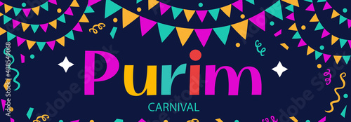 Happy Purim. Jewish holiday background and Carnival funfair banner with Carnival masks and traditional Jewish items. Vector illustration