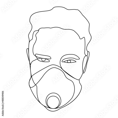 Man wearing medical face mask to protect himself from catching a virus. Hand-drawn vector line-art illustration. One Line style drawing.