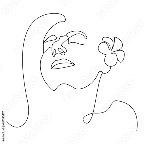 Woman head with frangipani flower composition. Hand-drawn vector line-art illustration. One Line style drawing.