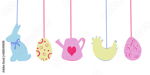 Colored border of Easter eggs, hare, chicken and watering can.