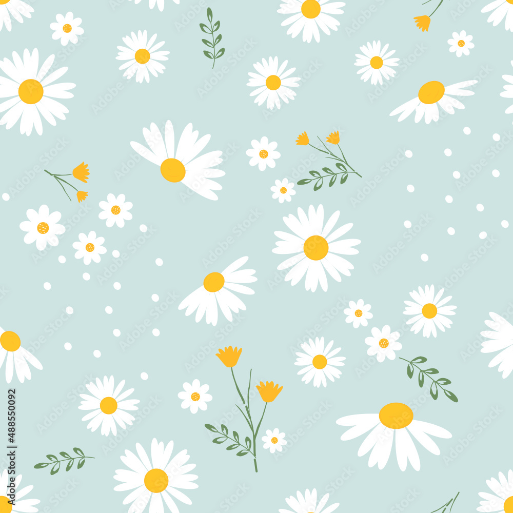 Seamless pattern with daisies and meadow on green background vector illustration.