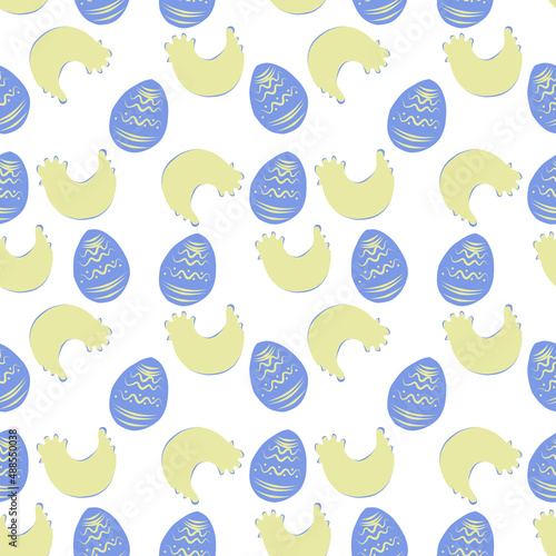 A color pattern of Easter eggs and chicken on a white background.