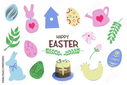 A color set of Easter eggs, cake, hare, chicken, watering can, birdhouse and flowers.