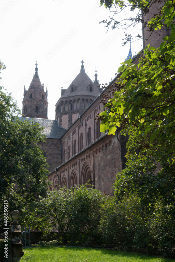 Historic brick facade of the landmark „Dom St. Peter“ (Worms Cathedral) - view from the park