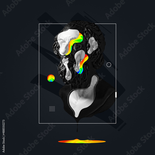 Contemporary art collage with plaster head statue isolated on dark fluid geometric background with neon paints. Modern design. Line art. Surrealism. Modern unusual art.