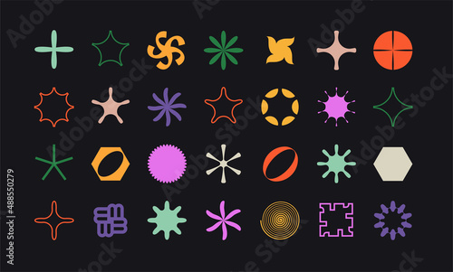 Set of simple abstract vector objects of flowers and stars.