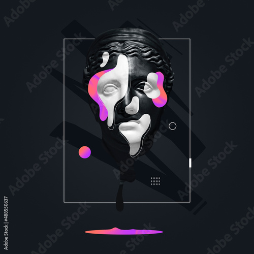 Contemporary art collage with plaster head statue isolated on dark fluid geometric background with neon paints. Modern design. Line art. Surrealism. Modern unusual art.