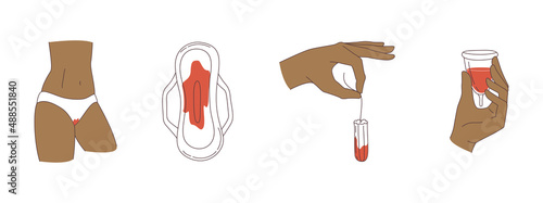 Women hygiene for menstruation underpants, pads, tampons, menstrual cup blood