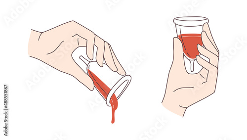 Woman holding and using menstrual cup during periods. Doodle icons