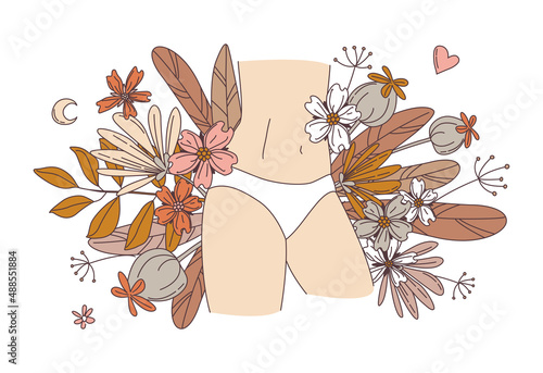 Women body. Woman wearing white panties. Floral background