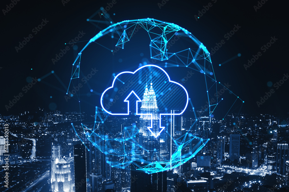 Naklejka premium Abstract glowing polygonal sphere with cloud and arrows on blurry night city background. Cloud computing and database concept. Double exposure.