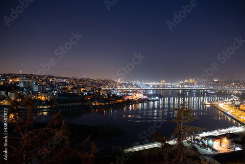City lights, a view of a bridge and streetlights illuminating the dark city, long exposure and strip lights, noise effect, Istanbul,Turkiye,01-30-2022