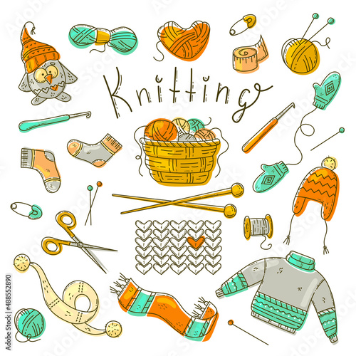 A set of knitted items and accessories for knitting: knitting needles, skeins with yarn, a sweater, a hat, a scarf, etc. Doodle style.
