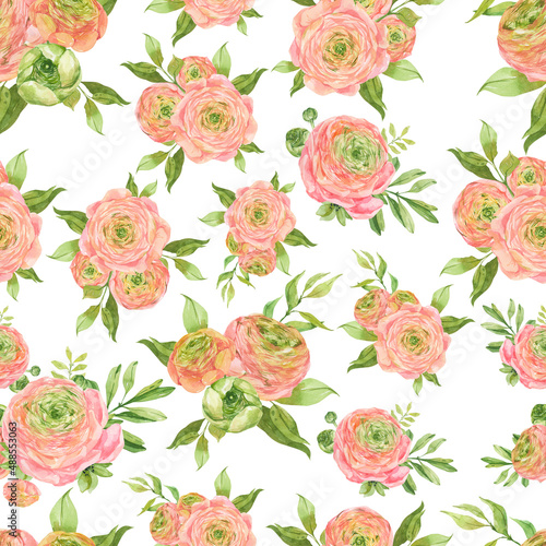 Watercolor seamless pattern with Ranunculus isolated on white background