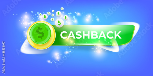 vector money cash back horizontal banner design template with cash back icon and coins isolated on modern blue background. 3d cashback bonus or money refund label horizontal banner