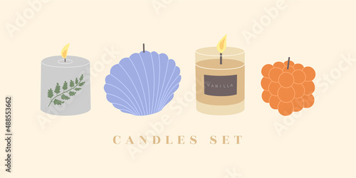 Set of colorful scented candles, boho style, different shapes for home interior or aromatherapy. Hand drawn vector illustration isolated on light background. Modern flat cartoon style.
