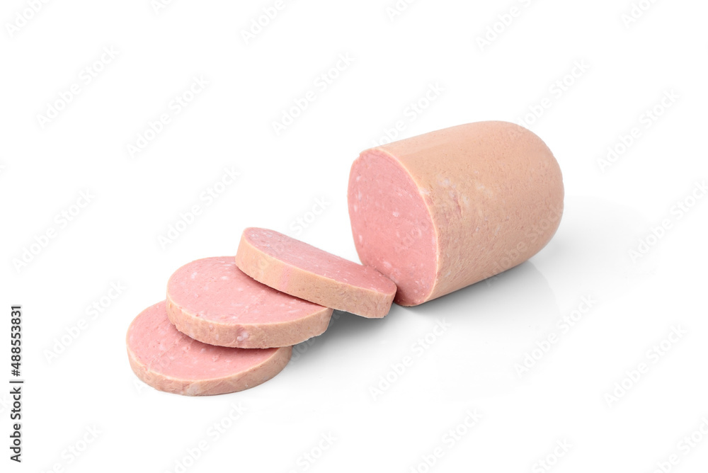 Boiled sausage with bacon isolated on white background. Boiled sausage with bacon isolated on white background.