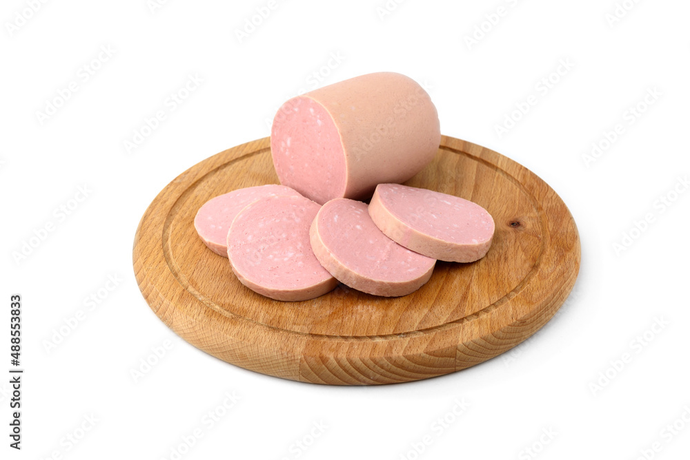 Boiled sausage with bacon on wooden board isolated on white background. Boiled sausage with bacon on wooden board isolated on white background.